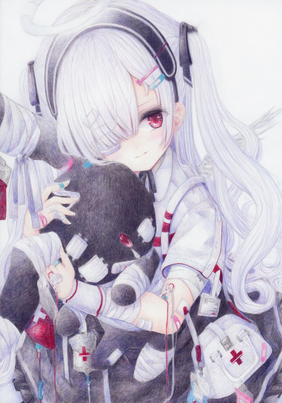 1girl angel angel_wings bag bandages bandaid blood blood_bag blush bobby_pin colored_pencil_(medium) darkkanan doll_hug eyepatch eyes_visible_through_hair first_aid_kit graphite_(medium) hair_ribbon hairband halo handbag highres intravenous_drip lolita_fashion lolita_hairband long_hair looking_at_viewer name_tag nurse original red_eyes ribbon shoulder_bag skirt solo stuffed_animal stuffed_toy syringe traditional_media twintails white_hair wings