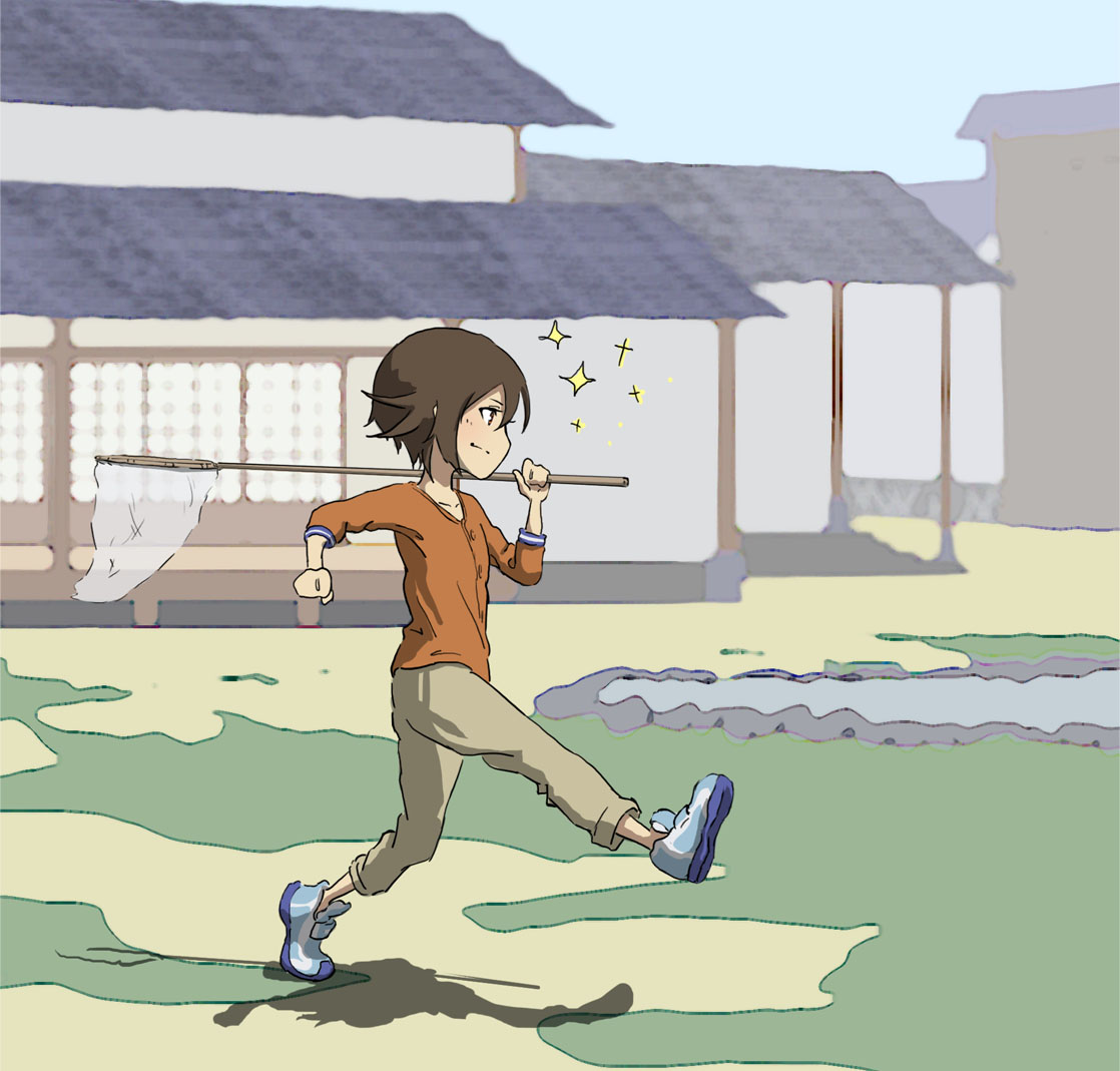 1girl blue_sky brown_eyes brown_hair brown_pants building butterfly_net closed_mouth commentary day girls_und_panzer hand_net holding long_sleeves nishizumi_maho orange_shirt outdoors over_shoulder pants run_the_9tails shadow shirt shoes short_hair sky smile solo sparkle walking white_footwear younger