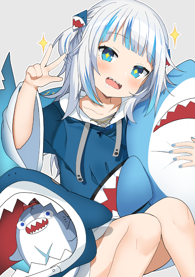 +_+ 1girl bangs blue_eyes blue_hair blue_hoodie blush drooling gawr_gura hololive hololive_english hood kurot long_sleeves looking_at_viewer multicolored_hair open_mouth shark_girl shark_hood shark_tail sharp_teeth smile solo streaked_hair tail teeth v virtual_youtuber white_hair