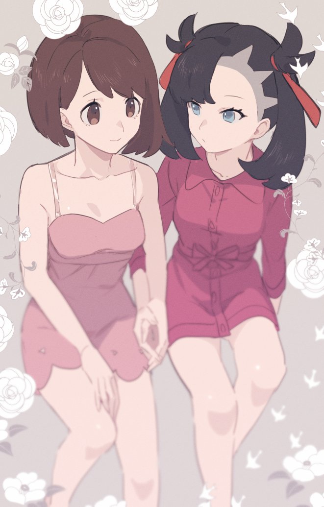 2girls asymmetrical_bangs bangs black_hair blue_eyes bob_cut breasts brown_eyes brown_hair buttons closed_mouth collarbone commentary_request cosplay dress eyelashes flower gloria_(pokemon) gloria_(pokemon)_(cosplay) hair_ribbon holding_hands knees looking_at_another marnie_(pokemon) marnie_(pokemon)_(cosplay) multiple_girls pink_dress pokemon pokemon_(game) pokemon_swsh red_ribbon ribbon short_hair smile tashi5555 white_flower