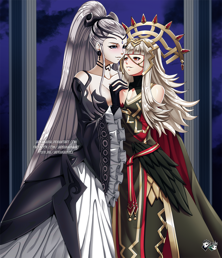 2girls black_gloves commission dress earrings eir_(fire_emblem) fire_emblem fire_emblem_heroes gloves grey_hair hair_ornament holding_hands jadenkaiba jewelry long_hair multiple_girls parted_lips ponytail red_eyes silver_hair veronica_(fire_emblem) watermark web_address