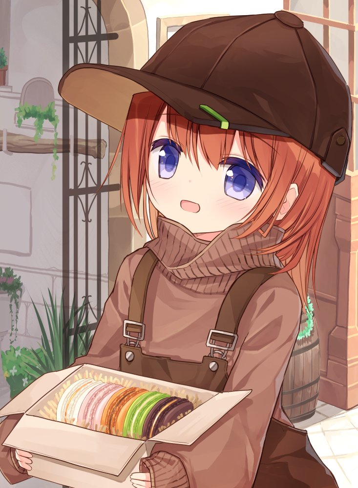 1girl :d bangs baseball_cap blue_eyes blush box brown_hair brown_headwear brown_sweater commentary_request eyebrows_visible_through_hair hair_between_eyes hat holding holding_box long_hair long_sleeves looking_at_viewer open_mouth original overalls pastry_box puffy_long_sleeves puffy_sleeves red_girl_(yuuhagi_(amaretto-no-natsu)) sidelocks sleeves_past_wrists smile solo sweater turtleneck turtleneck_sweater yuuhagi_(amaretto-no-natsu)