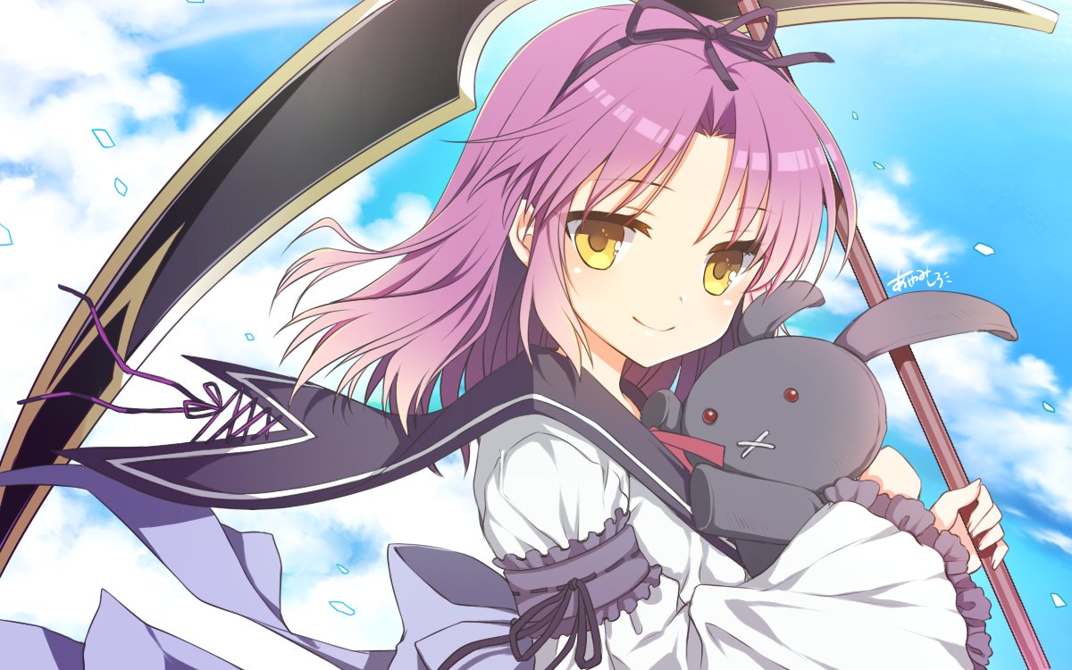 1girl ascot ayamisiro blue_flower blue_rose blue_sky bow clouds commentary_request doll_hug dress eiyuu_densetsu flower frills hair_bow hairband holding holding_scythe purple_flower purple_hair purple_rose renne rose scythe short_hair sky smile solo sora_no_kiseki stuffed_animal stuffed_bunny stuffed_toy yellow_eyes