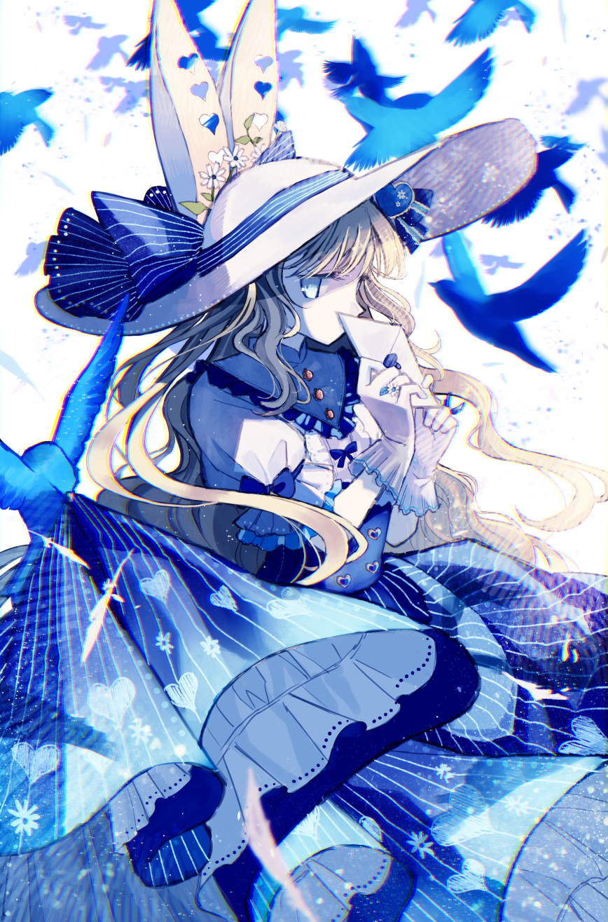 1girl animal_ears bangs bird blonde_hair blue_dress blue_eyes blue_ribbon dress feathers frills gloves hair_ribbon hat hat_ribbon heart highres hinata_(echoloveloli) holding holding_letter jewelry jitome letter long_hair looking_at_viewer original petticoat puffy_short_sleeves puffy_sleeves rabbit_ears rabbit_girl ribbon ring short_sleeves simple_background solo striped striped_dress sun_hat white_background white_gloves