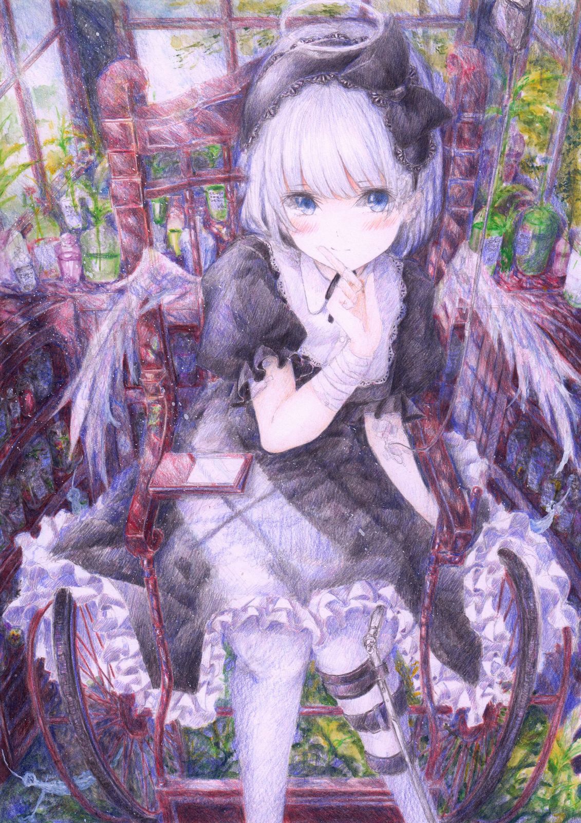 1girl angel angel_wings bandages black_dress blue_eyes bob_cut bow colored_pencil_(medium) darkkanan dress eyes_visible_through_hair gothic_lolita graphite_(medium) hair_bow hairband halo highres indoors intravenous_drip leg_brace lolita_fashion lolita_hairband looking_at_viewer original pantyhose plant scenery short_hair sitting solo traditional_media watercolor_(medium) wheelchair white_hair white_legwear wings