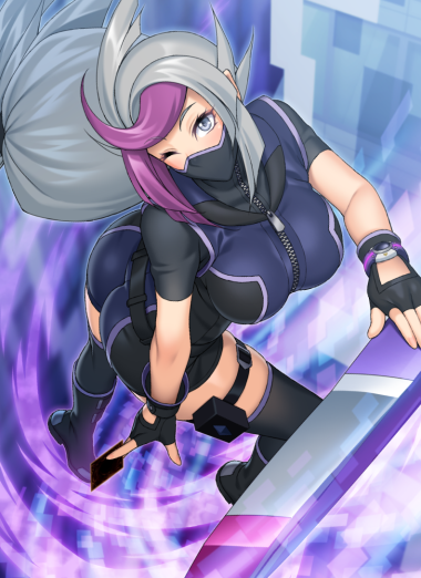 1girl bessho_emma boots breasts card fingerless_gloves full_body gloves grey_hair holding holding_card large_breasts long_hair looking_at_viewer mask mouth_mask multicolored_hair one_eye_closed purple_hair short_sleeves solo suzume_inui thigh-highs thigh_boots turtleneck two-tone_hair violet_eyes yuu-gi-ou yuu-gi-ou_vrains zipper zipper_pull_tab