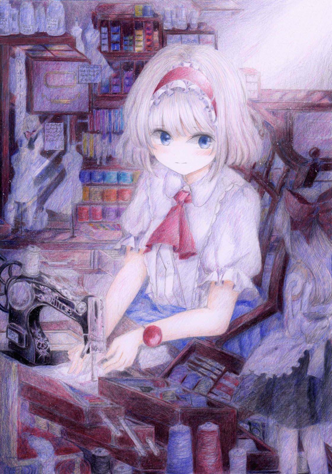 3girls alice_margatroid apron bob_cut bow colored_pencil_(medium) darkkanan doll eyes_visible_through_hair graphite_(medium) hair_bow hairband highres indoors legs long_hair looking_at_viewer maid maid_apron maid_dress multiple_girls scenery sewing sewing_machine shanghai_doll short_hair sitting standing touhou traditional_media white_hair