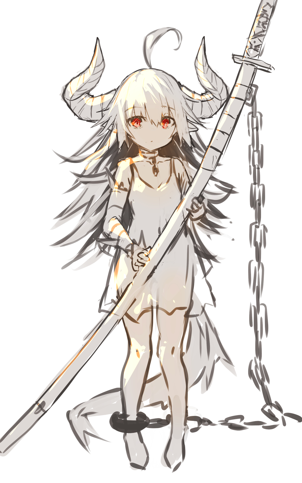 1girl ahoge bandaged_arm bandages bangs bare_shoulders barefoot chain commentary_request cuffs curled_horns dress eyebrows_visible_through_hair full_body hair_between_eyes highres holding holding_sheath horns katana long_hair looking_at_viewer original red_eyes see-through see-through_silhouette sheath sheathed simple_background sleeveless sleeveless_dress solo standing sword very_long_hair weapon white_background white_dress white_hair yuuji_(yukimimi)