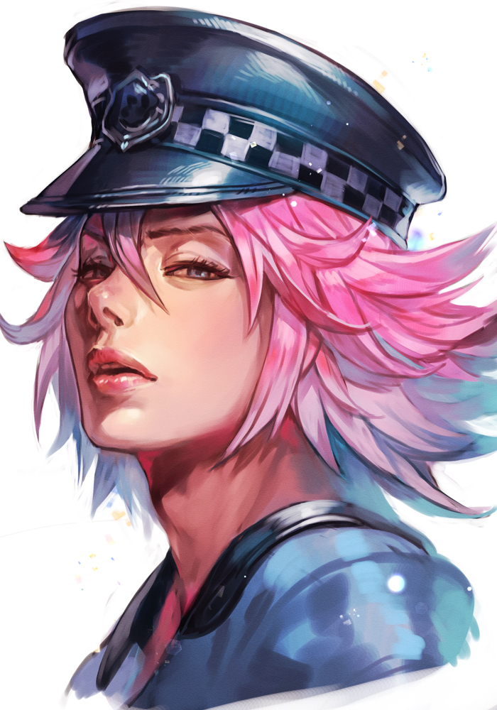 1girl alternate_costume aqua_eyes blue_shirt cropped_torso eyelashes face final_fight hankuri hat lips lipstick long_hair looking_at_viewer makeup open_mouth peaked_cap pink_hair poison_(final_fight) police police_badge police_hat police_uniform policewoman shirt solo spiky_hair street_fighter street_fighter_v uniform upper_teeth white_background