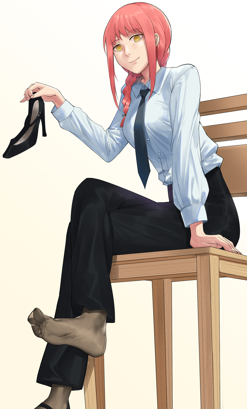 1girl black_eyepatch black_legwear black_neckwear braid braided_ponytail business_suit chainsaw_man feet formal highres holding holding_shoes makima_(chainsaw_man) neckwear office_lady redhead ringed_eyes shirt_tucked_in shoes shoes_removed soles suit yellow_eyes yonoki