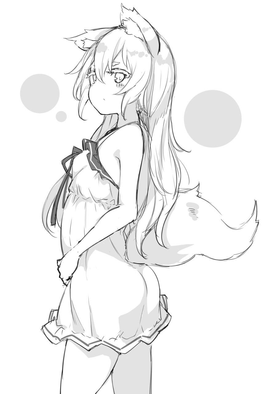 1girl animal_ears ass bare_shoulders blush_stickers dress greyscale highres looking_at_viewer monochrome original otokuyou simple_background sketch sleeveless sleeveless_dress solo tail white_background