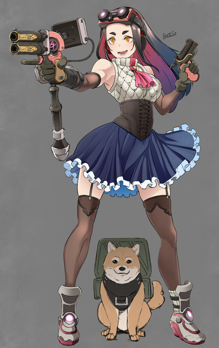 1girl :d aiming bare_shoulders black_hair black_legwear blue_skirt boots breasts butcha-u colored_inner_hair corset dog dual_wielding elbow_gloves frilled_skirt frills full_body garter_straps gloves goggles goggles_on_head grey_background gun handgun highres holding holding_gun holding_weapon legs_apart long_hair looking_at_viewer medium_breasts medium_skirt multicolored_hair open_mouth original purple_hair quilted_clothes shiba_inu shoes short_eyebrows signature simple_background skirt sleeveless sleeveless_turtleneck smile sneakers solo standing thick_eyebrows thigh-highs trigger_discipline turtleneck two-tone_hair weapon wide_hips yellow_eyes zettai_ryouiki