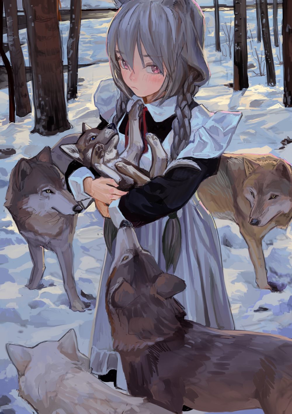 animal animal_ears apron blush braid cat_ears dog fkey forest grey_hair highres holding holding_animal long_hair looking_at_viewer maid maid_apron maid_dress nature original puppy red_eyes scenery snow twintails wolf