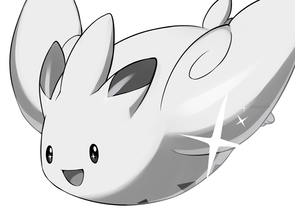 :d commentary_request creature full_body gen_4_pokemon grey_background greyscale happy looking_to_the_side monochrome no_humans open_mouth pokemon pokemon_(creature) sayshownen simple_background smile solo sparkling_eyes togekiss twitter_username watermark wings