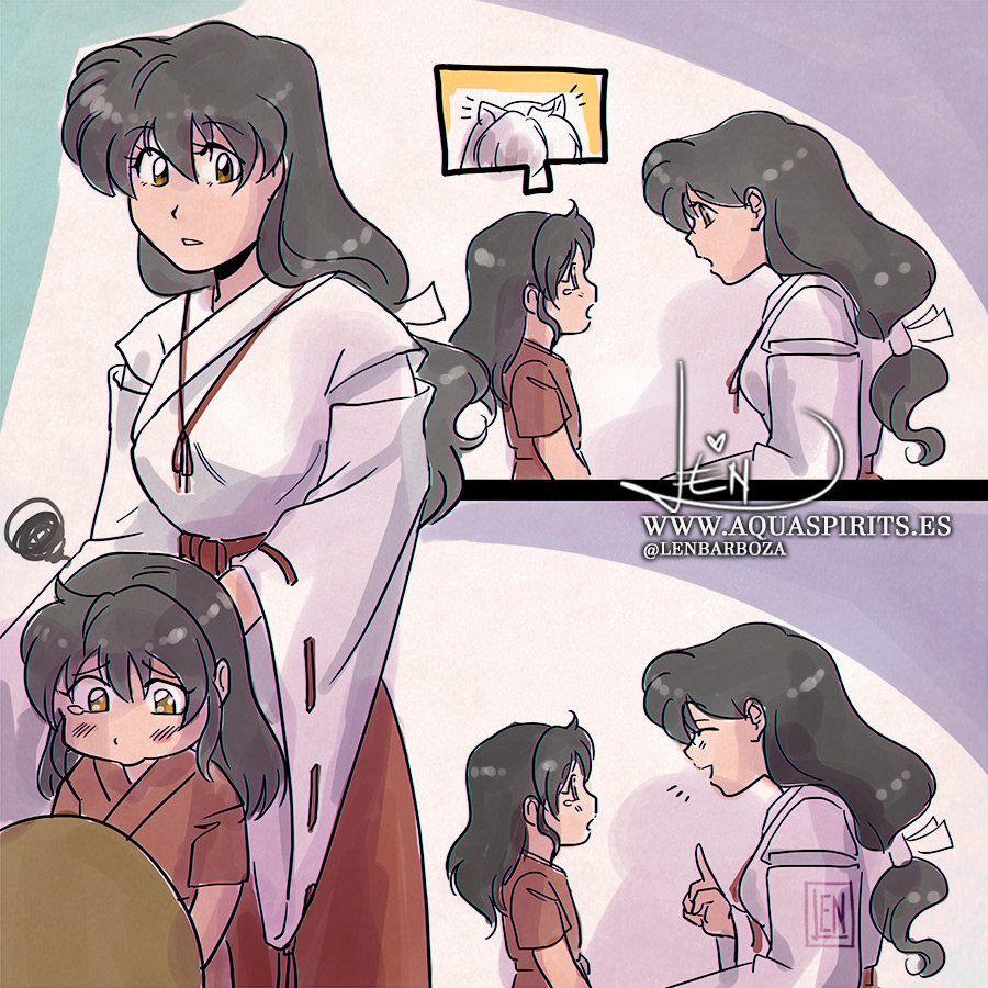 1boy 2girls animal_ears black_hair father_and_daughter han'you_no_yashahime higurashi_kagome inuyasha inuyasha_(character) japanese_clothes kimono lennys long_hair moroha mother_and_daughter multiple_girls tears younger