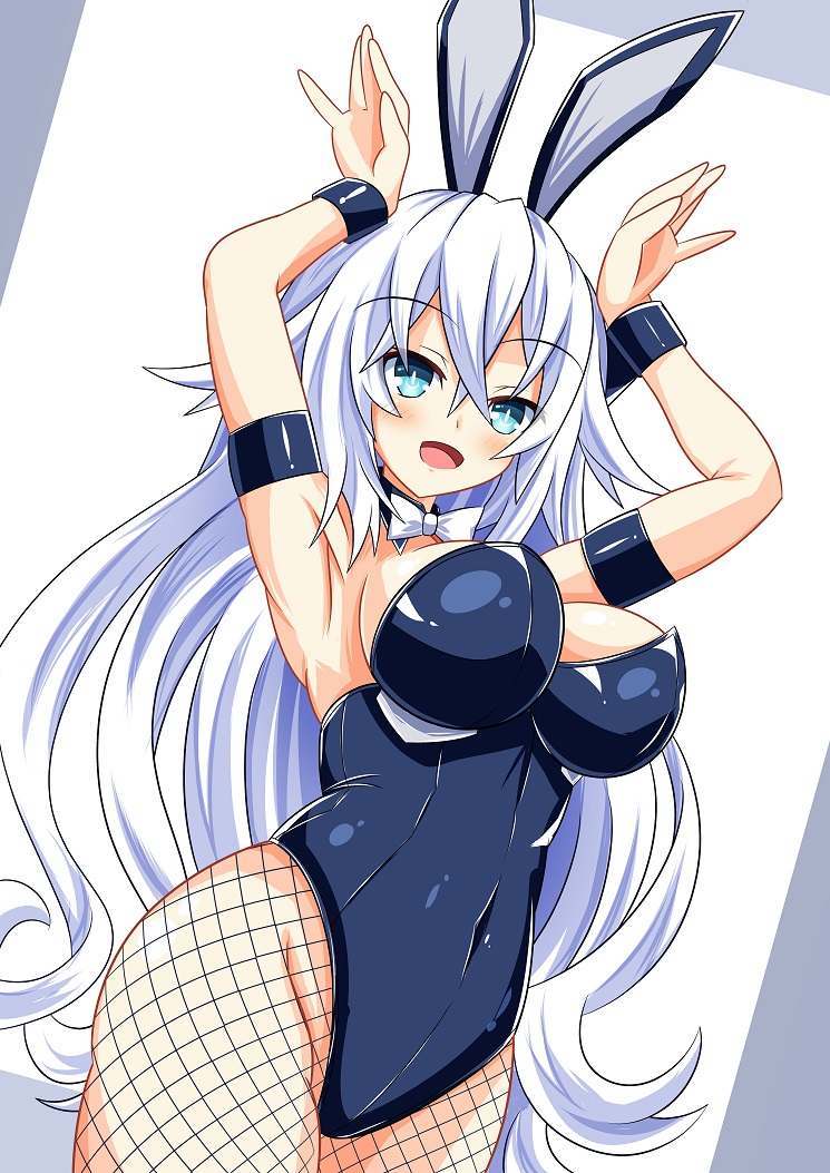 1girl animal_ears aqua_eyes armpits arms_up black_heart blue_leotard bow bowtie breasts bunny_girl bunnysuit commentary_request covered_navel detached_collar eyebrows_visible_through_hair fake_animal_ears fishnet_legwear fishnets hair_between_eyes kyou19990801 large_breasts leotard long_hair looking_at_viewer neptune_(series) open_mouth pantyhose rabbit_ears smile solo standing strapless strapless_leotard very_long_hair white_hair white_neckwear wrist_cuffs
