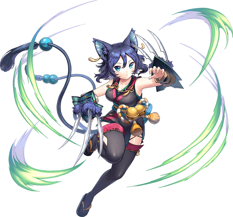 1girl animal_ears aqua_eyes artist_request ayakashi_rumble! bell blue_hair breasts cat_ears cat_girl cat_tail claw_(weapon) earrings japanese_clothes jewelry large_breasts looking_at_viewer mole mole_under_eye multiple_tails nekomata official_art rin_(ayakashi_rumble!) sandals short_hair slit_pupils solo tail thigh-highs transparent_background weapon