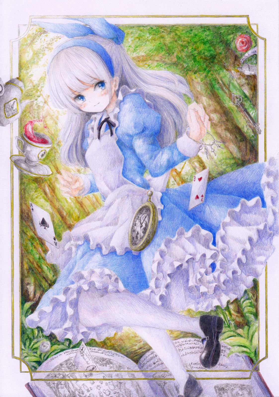 1girl alice_in_wonderland apron blue_dress blue_eyes blush bow colored_pencil_(medium) darkkanan dress forest frilled_dress frilled_skirt frills graphite_(medium) hair_bow hairband highres long_hair looking_at_viewer nature original outdoors pantyhose pinafore_dress scenery shoes sidelocks skirt solo standing standing_on_one_leg traditional_media watercolor_(medium) white_hair white_legwear
