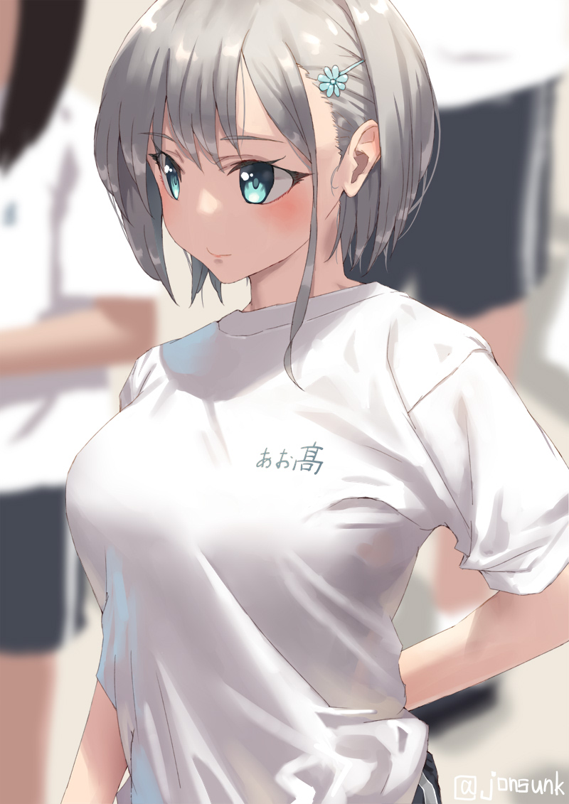 1girl aqua_eyes arm_behind_back artist_name breasts close-up gym_uniform jonsun large_breasts looking_to_the_side original shirt_pull solo white_hair