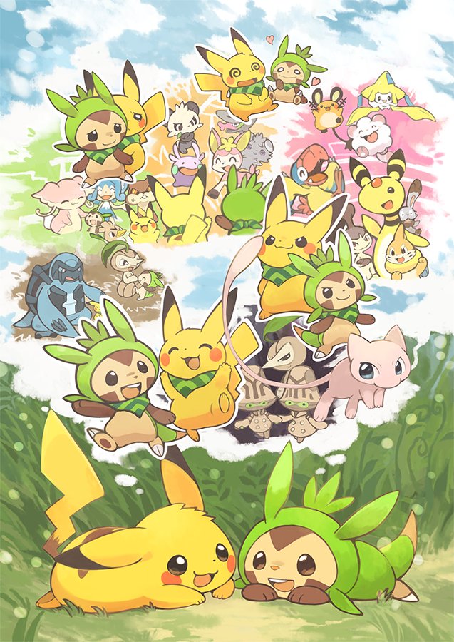 :d ampharos audino beheeyem brown_eyes buizel bunnelby carracosta chespin commentary_request dedenne deerling espurr eye_contact farfetch'd fur gen_1_pokemon gen_2_pokemon gen_3_pokemon gen_4_pokemon gen_5_pokemon gen_6_pokemon goomy grass jirachi konanbo looking_at_another lying mawile mew mythical_pokemon no_humans nuzleaf on_stomach open_mouth pancham panpour pikachu pokemon shared_thought_bubble shelmet smile swirlix tail teeth thought_bubble tongue watchog