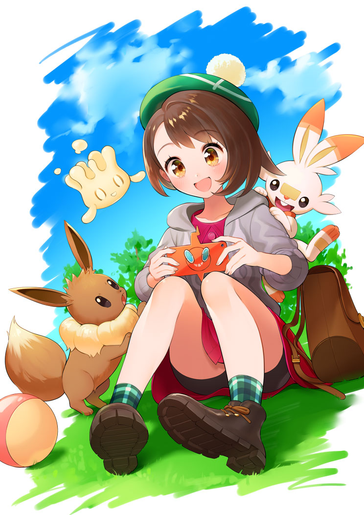 1girl backpack backpack_removed bag blush bob_cut boots brown_backpack brown_eyes brown_footwear brown_hair buttons cardigan collared_dress commentary_request day dress eevee eyelashes gen_1_pokemon gen_4_pokemon gen_8_pokemon gloria_(pokemon) grass green_headwear green_legwear grey_cardigan happy hat holding hooded_cardigan looking_down milcery o4ritarou outdoors pink_dress plaid plaid_legwear pokemon pokemon_(creature) pokemon_(game) pokemon_swsh rotom rotom_phone scorbunny short_hair sitting sky smile socks tam_o'_shanter