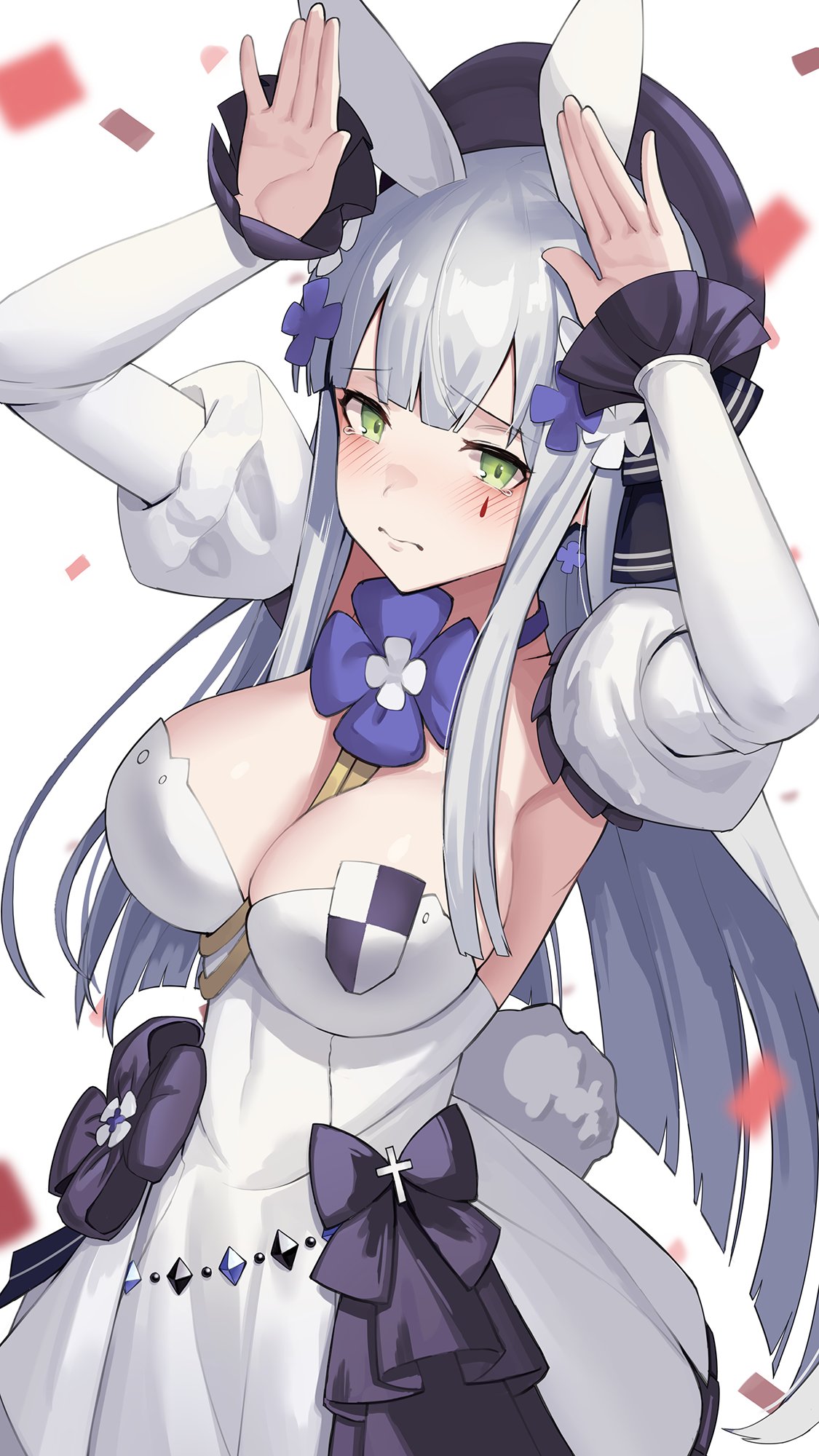 1girl animal_ears arms_up bangs between_breasts blunt_bangs blurry blurry_foreground blush breasts bunny_pose bunny_tail closed_mouth commentary confetti cross dakunesu dress eyebrows_visible_through_hair facial_mark girls_frontline green_eyes hair_ornament highres hk416_(girls_frontline) juliet_sleeves large_breasts light_frown long_hair long_sleeves looking_at_viewer puffy_sleeves purple_ribbon rabbit_ears raised_eyebrows ribbon silver_hair tail teardrop tearing_up white_background white_dress