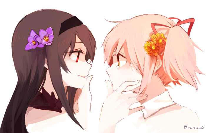 2girls akemi_homura akuma_homura black_hair black_hairband close-up cropped_shoulders crying crying_with_eyes_open evil_smile eye_contact eyelashes face face-to-face flower flower_request from_side goddess_madoka hair_flower hair_ornament hair_ribbon hairband hand_on_another's_chin hand_on_another's_mouth hand_up hanyae high_collar jitome kaname_madoka light_blush light_smile long_hair looking_at_another mahou_shoujo_madoka_magica mahou_shoujo_madoka_magica_movie multiple_girls no_mouth orange_flower parted_lips pink_hair profile purple_flower red_eyes red_ribbon ribbon shaded_face short_twintails sidelocks simple_background smile straight_hair tears twintails twitter_username upper_body white_background yellow_eyes yuri