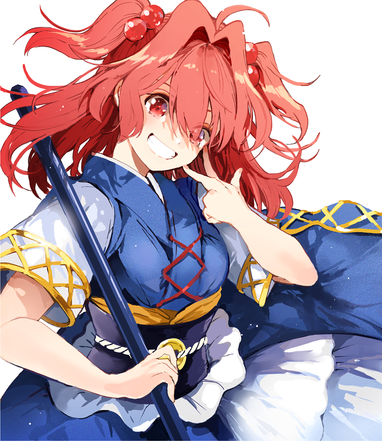 1girl ahoge azuma_aya bangs blue_dress blue_kimono blush breasts coin coin_on_string commentary cross-laced_clothes dress floating_hair gold_trim hair_between_eyes hair_bobbles hair_intakes hair_ornament hand_on_own_cheek hand_on_own_face hand_up head_tilt holding holding_pole japanese_clothes kimono large_breasts layered_clothing layered_dress looking_at_viewer looking_to_the_side medium_hair obi onozuka_komachi pole raglan_sleeves red_eyes redhead sash short_sleeves sidelocks simple_background smile solo symbol_commentary teeth touhou two_side_up v white_background white_sleeves wide_sleeves