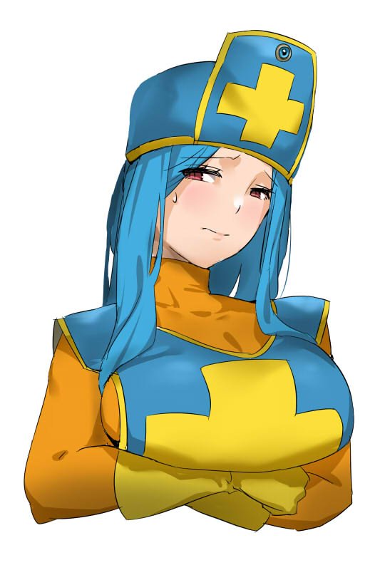 1girl aqua_hair bakkanki blush bodysuit breasts closed_mouth cross dragon_quest dragon_quest_iii gloves hat large_breasts long_hair looking_at_viewer mitre orange_bodysuit priest_(dq3) red_eyes sideboob simple_background skin_tight solo tabard white_background