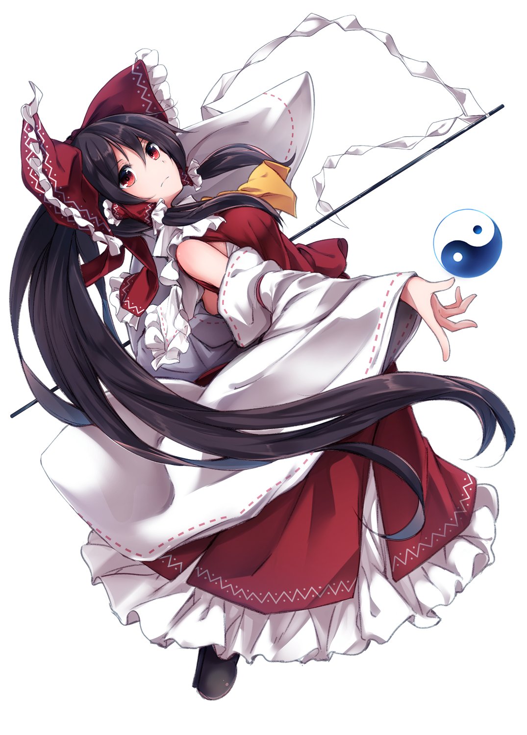 1girl ascot bangs bare_shoulders black_footwear black_hair bow collared_shirt detached_sleeves eyebrows_visible_through_hair frilled_bow frilled_shirt_collar frilled_skirt frills full_body gohei hair_bow hair_tubes hakurei_reimu highres japanese_clothes long_hair long_skirt mary_janes midori_(misuriru8) miko nontraditional_miko red_bow red_eyes red_neckwear red_shirt red_skirt ribbon-trimmed_sleeves ribbon_trim shirt shoes simple_background skirt skirt_set sleeveless sleeveless_shirt solo touhou white_background wide_sleeves yellow_neckwear yin_yang