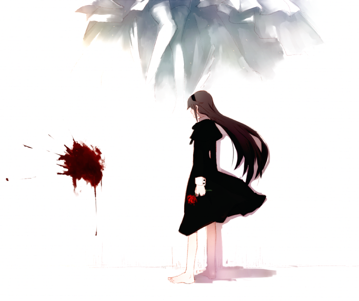 1girl akemi_homura arms_at_sides bare_legs barefoot black_dress black_hair black_hairband blood blood_splatter blood_trail dress faceless faceless_female facing_away floating_hair floor flower from_side full_body funeral_dress goddess_madoka hairband hanyae high_collar holding holding_flower homulilly light light_particles long_hair long_sleeves mahou_shoujo_madoka_magica mahou_shoujo_madoka_magica_movie profile red_flower sculpture shadow solo spider_lily standing wall