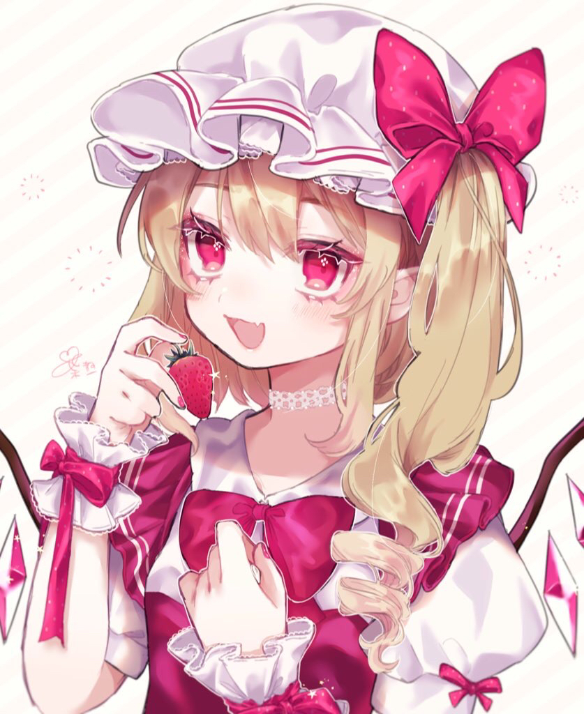 1girl :d adapted_costume blonde_hair blush bow bowtie choker commentary_request crystal eyelashes fang flandre_scarlet food fruit hair_between_eyes hand_on_own_chest hat holding holding_food looking_at_viewer mob_cap nail_polish one_side_up open_mouth puffy_short_sleeves puffy_sleeves red_bow red_eyes red_nails red_ribbon ribbon short_sleeves sidelocks skin_fang smile strawberry striped striped_background touhou upper_body white_background wings youtan