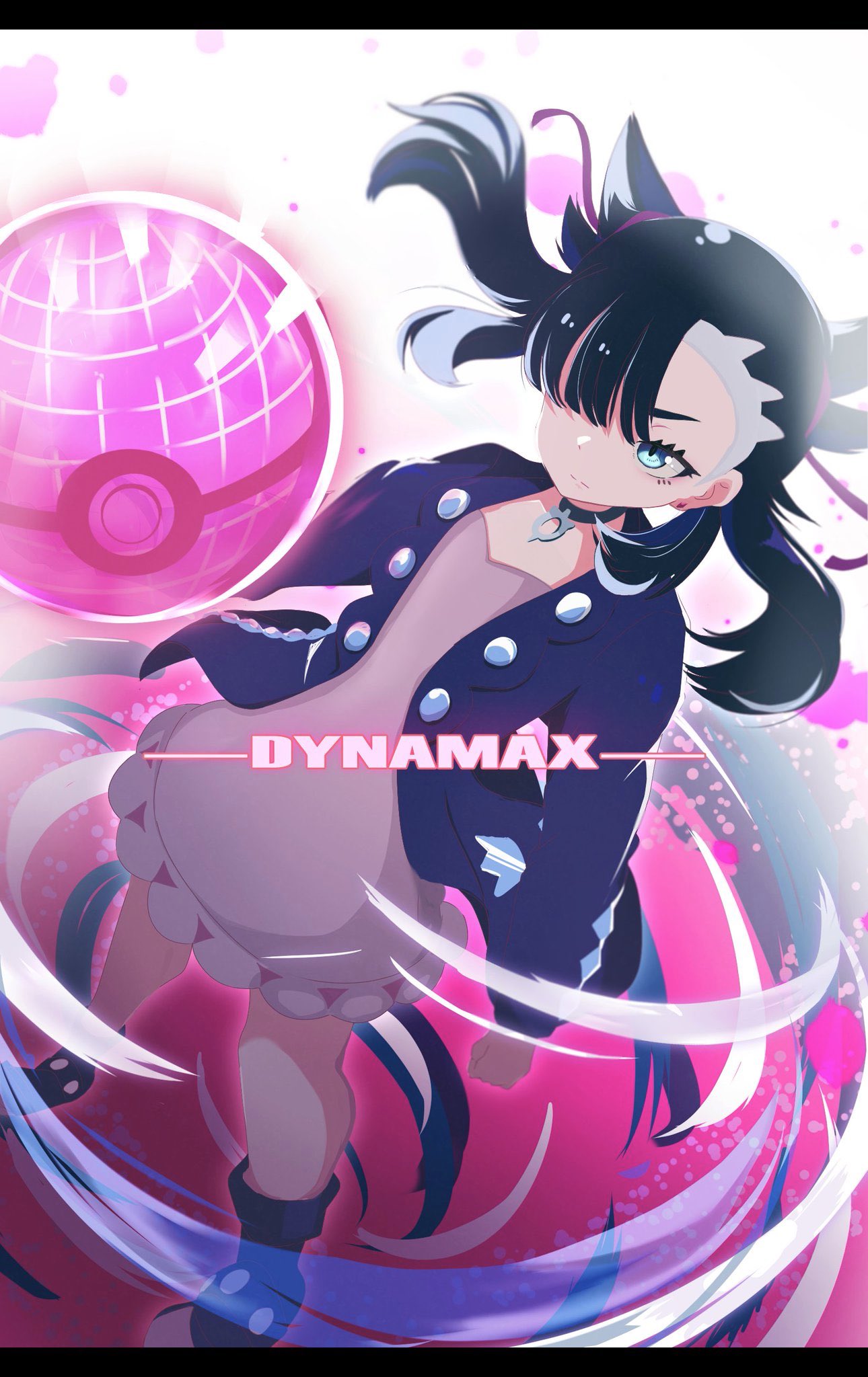1girl arm_at_side asymmetrical_bangs bangs black_choker black_hair black_jacket choker clenched_hand closed_mouth commentary dress dynamax_ball earrings eyelashes from_above hair_over_one_eye hair_ribbon highres holding holding_poke_ball jacket jewelry long_sleeves marnie_(pokemon) open_clothes pink_dress poke_ball pokemon pokemon_(game) pokemon_swsh ribbon solo umiru