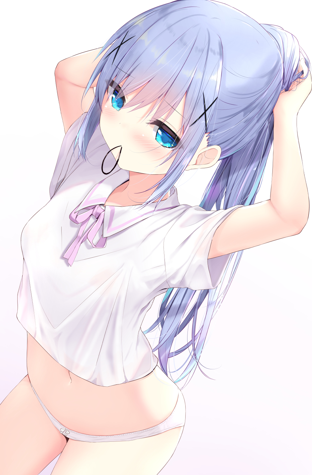 1girl arms_up bangs blue_eyes blue_hair blush bow bow_panties closed_mouth collared_shirt commentary_request eyebrows_visible_through_hair gochuumon_wa_usagi_desu_ka? hair_between_eyes hair_ornament hair_tie hair_tie_in_mouth highres kafuu_chino kouda_suzu long_hair looking_at_viewer mouth_hold navel neck_ribbon no_pants panties pink_ribbon ponytail ribbon shirt short_sleeves sidelocks simple_background solo tying_hair underwear very_long_hair white_background white_panties white_shirt x_hair_ornament