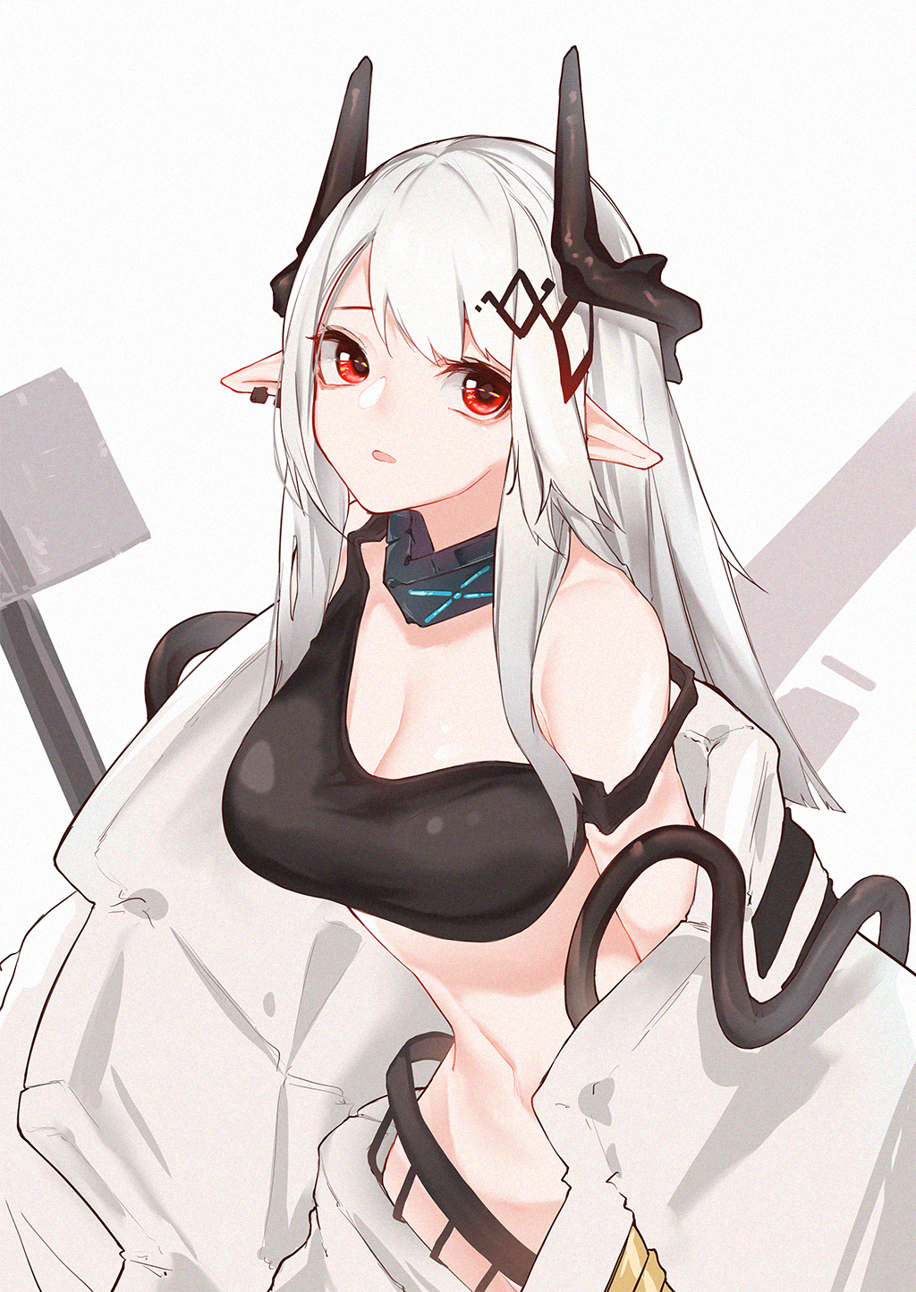 1girl :o arknights black_choker black_tank_top breasts chinese_commentary choker coat collarbone commentary crop_top dated_commentary demon_horns ear_piercing hair_ornament hammer highres horns infection_monitor_(arknights) inniyik long_hair looking_at_viewer medium_breasts mudrock_(arknights) piercing pointy_ears red_eyes shirt simple_background sledgehammer solo sports_bra strap_slip tank_top upper_body white_background white_coat white_hair