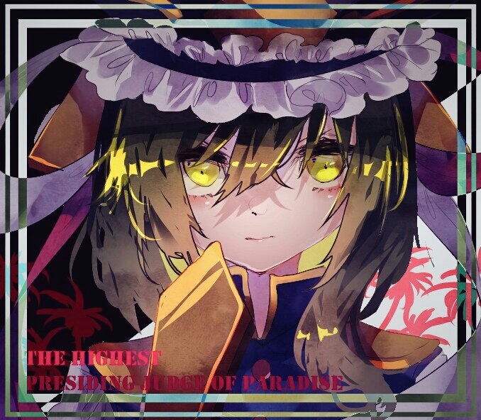 1girl asymmetrical_hair bangs blue_vest border breasts buttons close-up closed_mouth collared_vest commentary_request english_text face flower frilled_hat frills gold_trim green_eyes green_hair hair_between_eyes hat high_collar looking_at_viewer red_flower rod_of_remorse shiki_eiki shinjitsu_no_kuchi shirt shoulder_pads solo spider_lily touhou vest white_shirt