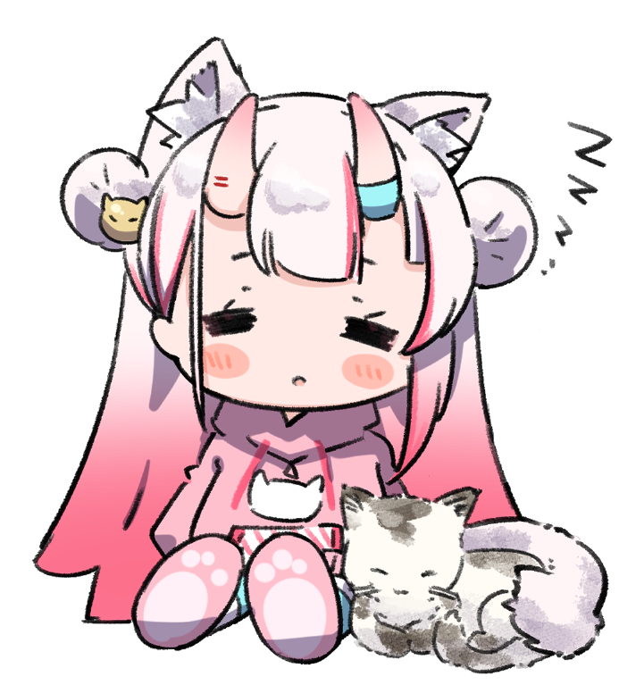 1girl =_= animal_ear_fluff animal_ears blush cat cat_ears chibi commentary_request double_bun gradient_hair hololive hood hood_down hoodie horns long_hair multicolored_hair nakiri_ayame namaonpa parted_lips redhead simple_background sitting sleeping slippers virtual_youtuber white_background white_hair zzz