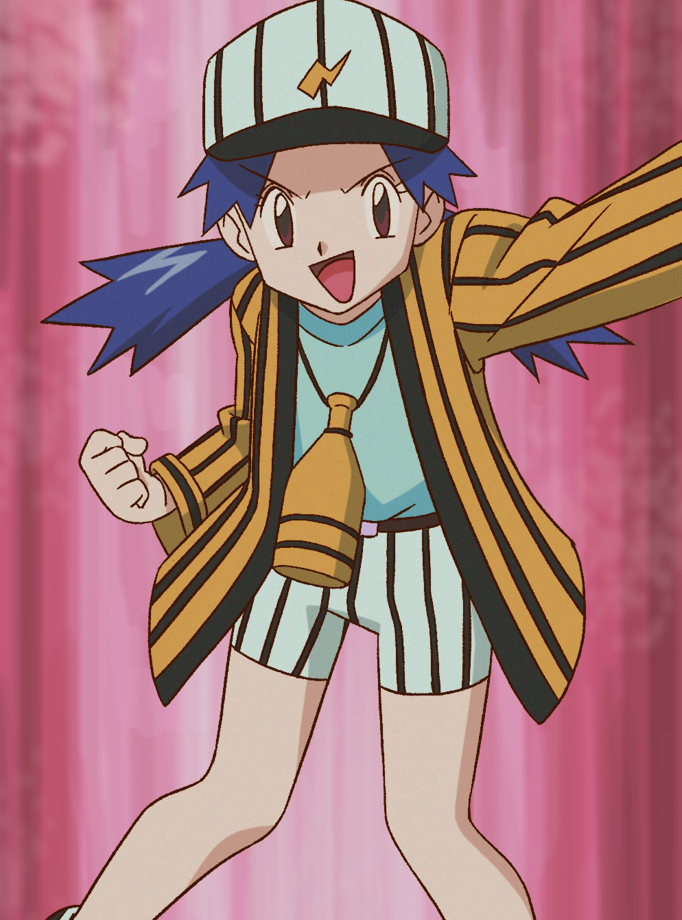 1girl arm_up baseball_cap belt blue_hair brown_eyes casey_(pokemon) clenched_hand commentary_request eyebrows_visible_through_hair eyelashes green_shirt hat highres jacket long_sleeves looking_at_viewer no_socks official_style open_mouth pokemon pokemon_(anime) pokemon_(classic_anime) sawa_(soranosawa) shirt shorts smile solo tongue