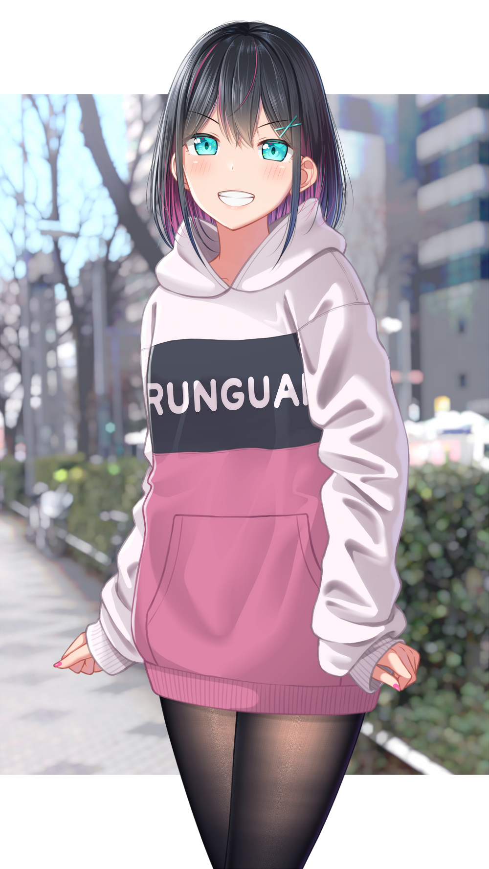 1girl aqua_eyes bangs black_hair black_legwear blush clothes_writing commentary_request day eyebrows_visible_through_hair grin gurande_(g-size) hair_between_eyes hair_ornament hairclip highres hood hood_down hoodie long_sleeves looking_at_viewer multicolored_hair original pantyhose pink_hair pink_hoodie sleeves_past_wrists smile solo two-tone_hair white_hoodie x_hair_ornament