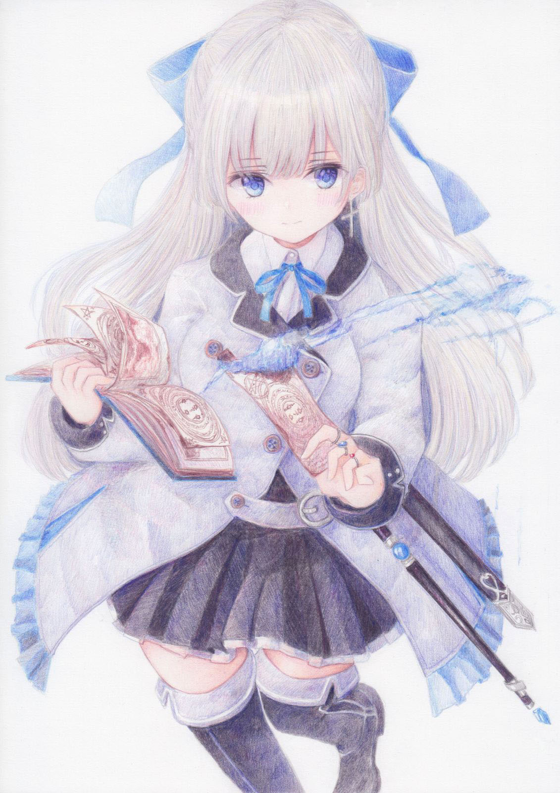 blue_eyes blush book boots bow coat colored_pencil_(medium) darkkanan dress eyes_visible_through_hair graphite_(medium) hair_bow highres long_hair looking_at_viewer magical_girl original simple_background skirt standing standing_on_one_leg sword thighs traditional_media watercolor_(medium) weapon white_hair