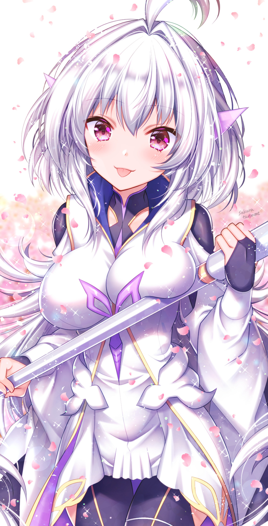 1girl ahoge bangs black_gloves black_pants breasts fate/grand_order fate/prototype fate_(series) fingerless_gloves gloves highres holding holding_staff large_breasts long_hair long_sleeves looking_at_viewer merlin_(fate/prototype) pants petals sakura_tsubame smile staff thighs tongue tongue_out very_long_hair violet_eyes white_hair white_robe wide_sleeves