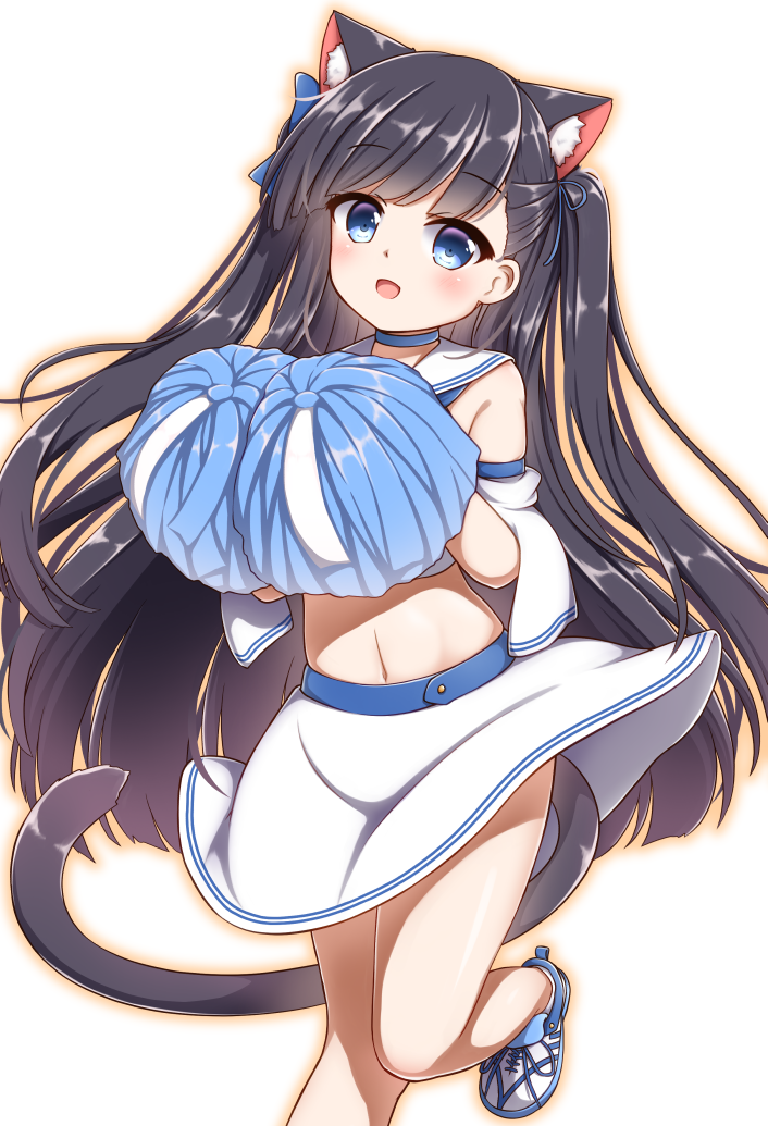 1girl :d animal_ear_fluff animal_ears azur_lane bangs bare_shoulders black_hair blue_bow blue_choker blue_eyes blue_ribbon blunt_bangs blush bow cat_ears cat_tail cheerleader choker commentary_request cowboy_shot crop_top detached_sleeves eyebrows_visible_through_hair groin hair_bow hair_ribbon half_updo hatsuharu_(azur_lane) hestia_(neko_itachi) holding holding_pom_poms long_hair looking_at_viewer midriff navel open_mouth outline pom_poms ribbon sailor_collar shirt shoes simple_background skirt smile sneakers solo standing standing_on_one_leg tail twintails white_background white_footwear white_sailor_collar white_shirt white_skirt white_sleeves
