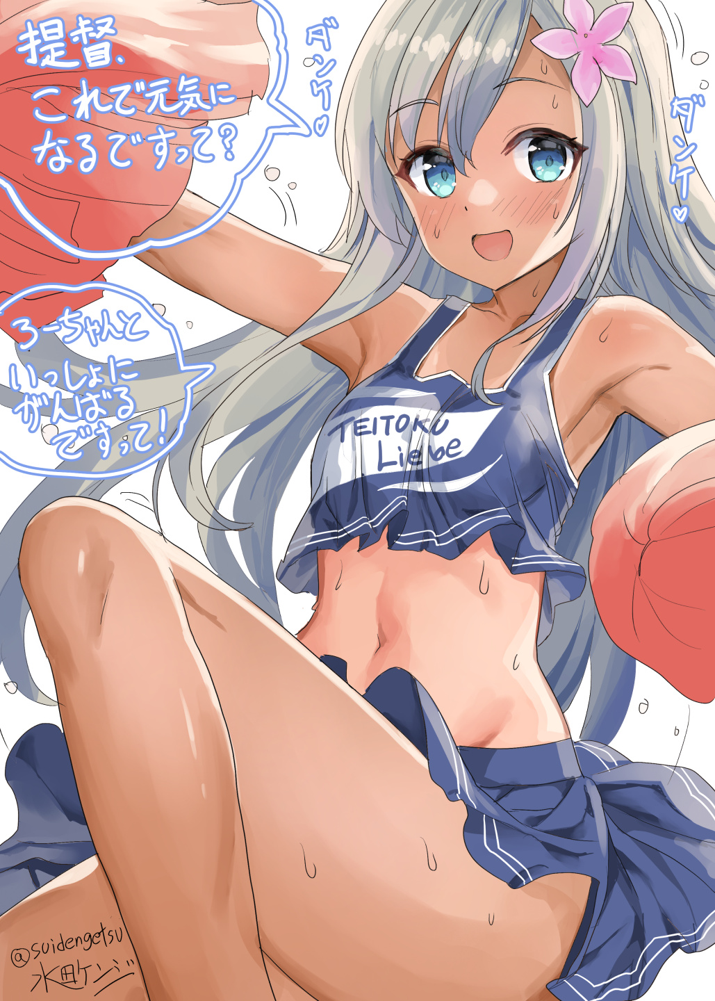 1girl alternate_costume bangs blonde_hair blue_eyes blue_skirt blush breasts cheerleader clothes_writing crop_top flower german_text hair_flower hair_ornament hibiscus highres kantai_collection leg_up long_hair medium_breasts midriff mizuta_kenji navel open_mouth pom_poms ro-500_(kantai_collection) simple_background skirt solo sweat tan tanline translation_request white_background