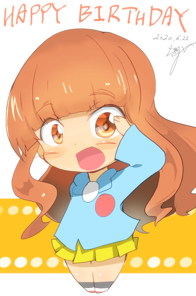 1girl :d artist_name bangs blue_shirt blunt_bangs child commentary dated english_text eyebrows_visible_through_hair full_body girls_und_panzer happy_birthday highres jinguu_(4839ms) kindergarten_uniform long_hair long_sleeves looking_at_viewer open_mouth orange_eyes orange_hair pleated_skirt salute shirt signature skirt smile solo takebe_saori yellow_skirt younger