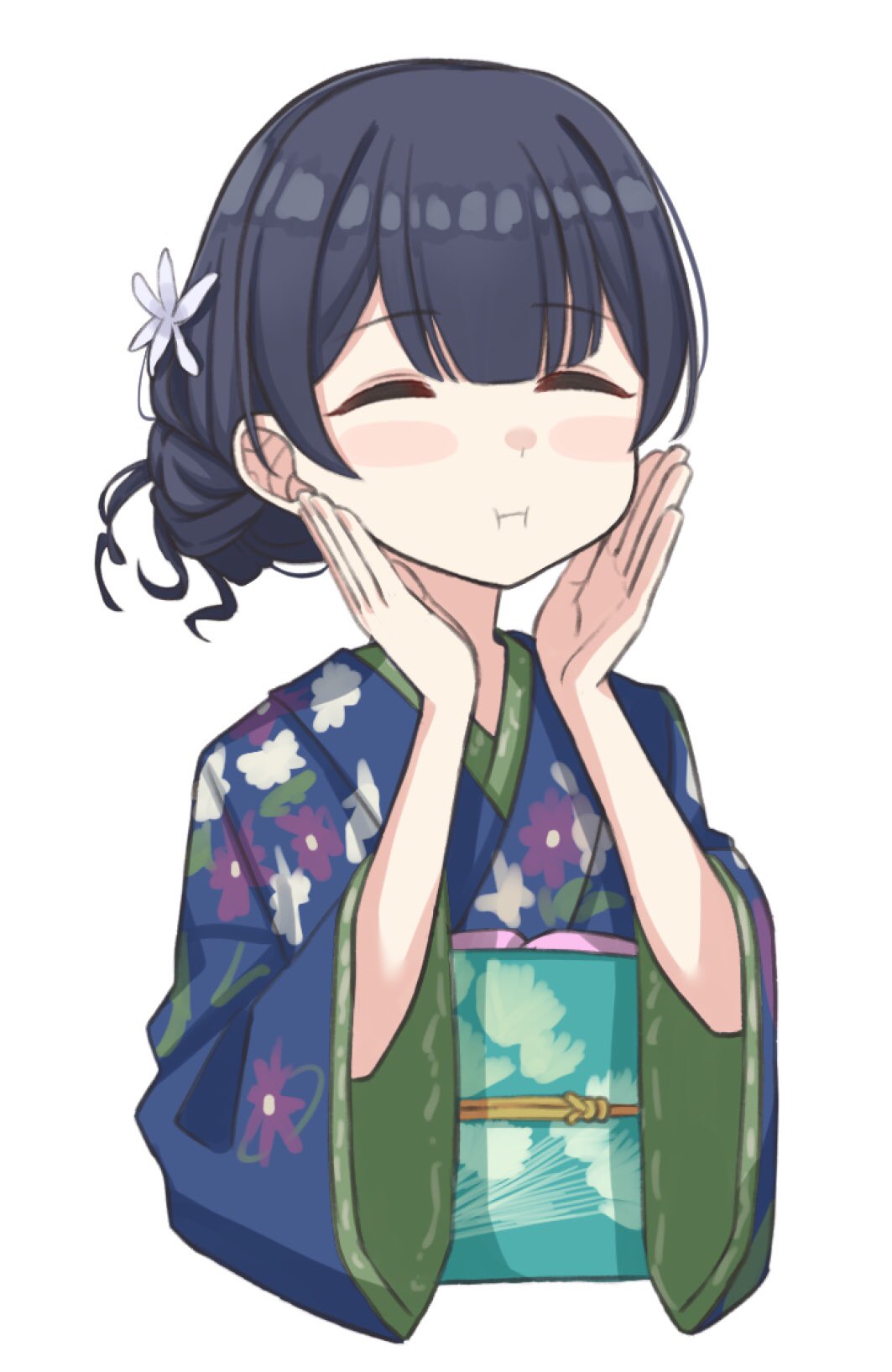 1girl :i bangs black_hair blue_kimono blush_stickers closed_eyes closed_mouth cropped_torso eyebrows_visible_through_hair facing_viewer floral_print flower hair_bun hair_flower hair_ornament hands_up highres idolmaster idolmaster_shiny_colors japanese_clothes kimono long_sleeves morino_rinze obi print_kimono sash shiwa_(siwaa0419) simple_background solo upper_body white_background white_flower wide_sleeves