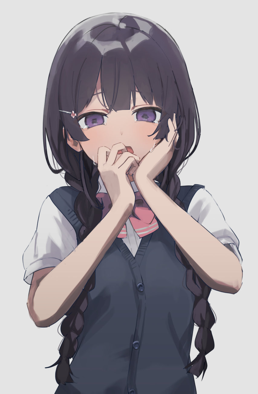 1girl alternate_hairstyle bangs black_hair bow bowtie braid collared_shirt crying crying_with_eyes_open dress_shirt grey_background hair_ornament hairclip hand_on_own_cheek hand_to_own_mouth hands_on_own_face hands_up highres long_hair looking_at_viewer nijisanji red_bow red_neckwear school_uniform shirt short_sleeves sidelocks simple_background solo streaming_tears sweater_vest tears tsukino_mito twin_braids twintails usirome violet_eyes virtual_youtuber white_shirt