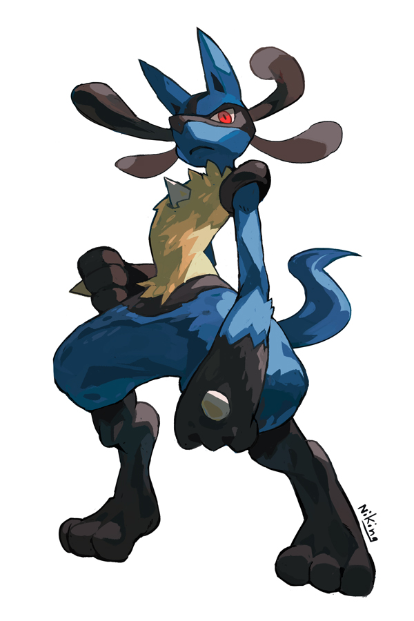 commentary english_commentary full_body gen_4_pokemon gift_art looking_at_viewer lucario niking no_humans pokemon pokemon_(creature) red_eyes signature simple_background standing white_background