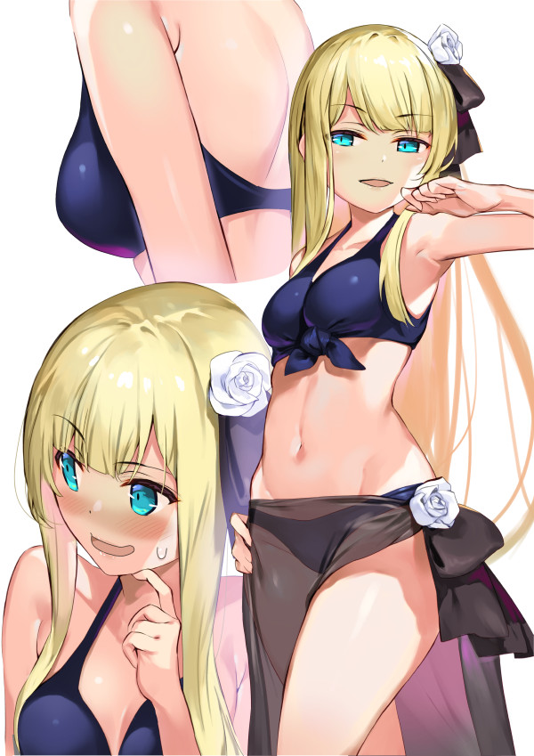 1girl armpits bikini blonde_hair blue_eyes blush fate_(series) flower front-tie_bikini front-tie_top hair_flower hair_ornament hand_on_hip hmk84 long_hair lord_el-melloi_ii_case_files navel reines_el-melloi_archisorte sarong scratching_cheek swimsuit