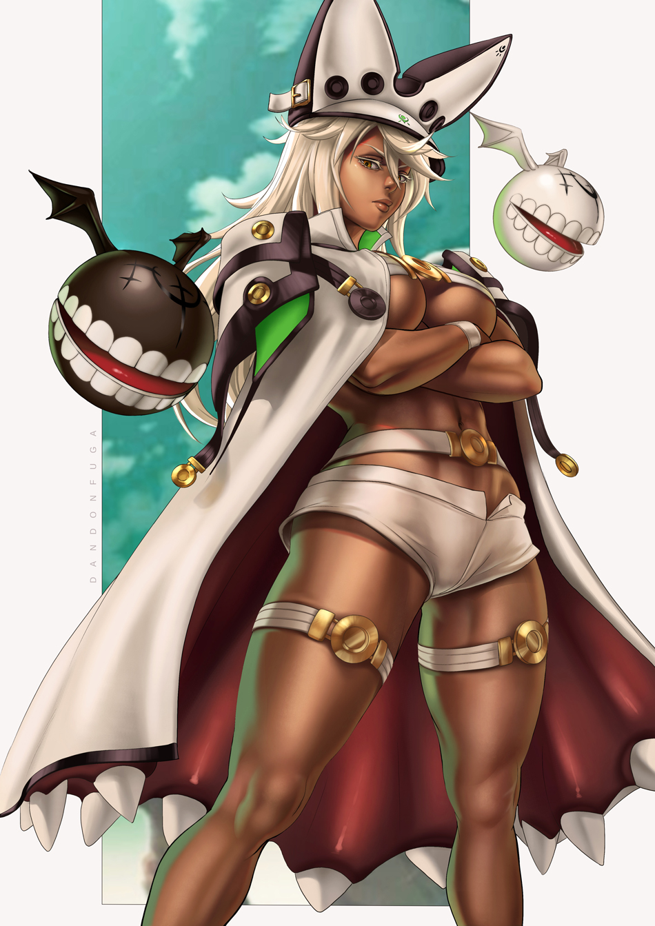 artist_name beige_shorts black_headwear blonde_hair breasts brown_eyes cape crossed_arms dandon_fuga dark_skin guilty_gear guilty_gear_xrd hat highres legband looking_at_viewer micro_shorts navel ramlethal_valentine shorts standing waistband white_cape white_headwear wristband