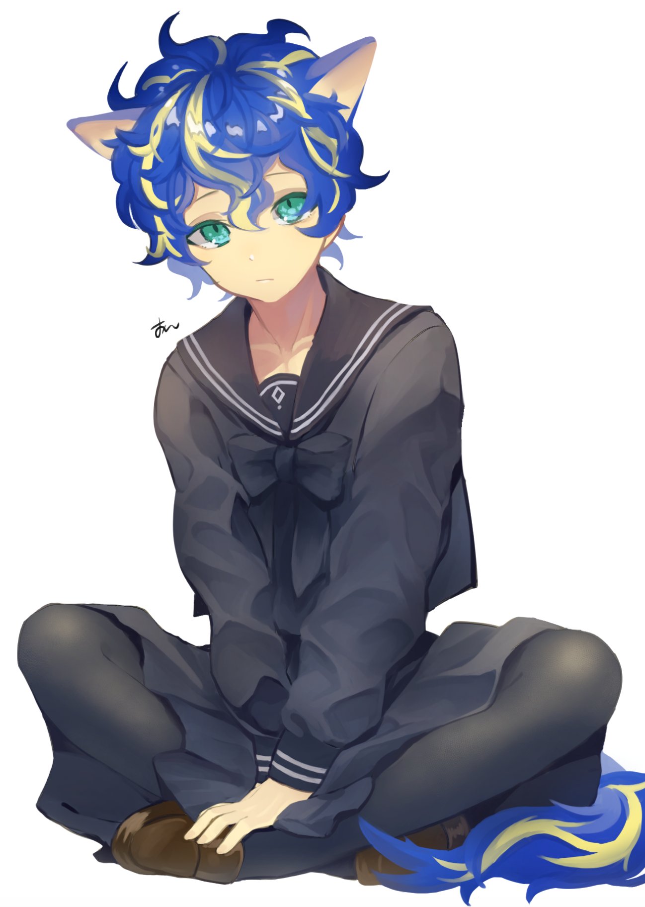 1boy animal_ears aqua_eyes astel_leda black_neckwear black_sailor_collar black_shirt black_skirt blonde_hair blue_hair bow bowtie brown_footwear collarbone highres holostars indian_style looking_at_viewer male_focus messy_hair multicolored_hair ohita_hio pantyhose sailor_collar school_uniform serafuku shirt short_hair simple_background sitting skirt solo virtual_youtuber white_background